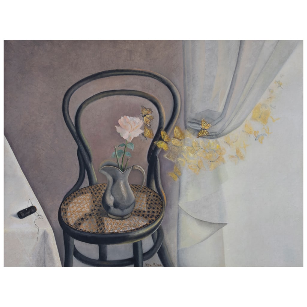 OLGA MÉNDEZ. Silla con mariposas. Firmado. Óleo sobre tela. 99 x 120 cm: OLGA MÉNDEZ(México) Silla con mariposas FirmadoÓleo sobre telaProcedencia: perteneció a la colección de María Luisa Novelo.99 x 120 cm