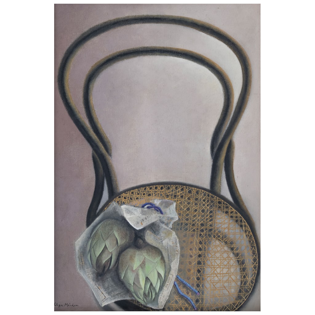 OLGA MÉNDEZ. Silla con alcachofas. Firmado. Óleo sobre tela. 74 x 50 cm: OLGA MÉNDEZ(México) Silla con alcachofas FirmadoÓleo sobre telaProcedencia: perteneció a la colección de María Luisa Novelo.74 x 50 cm