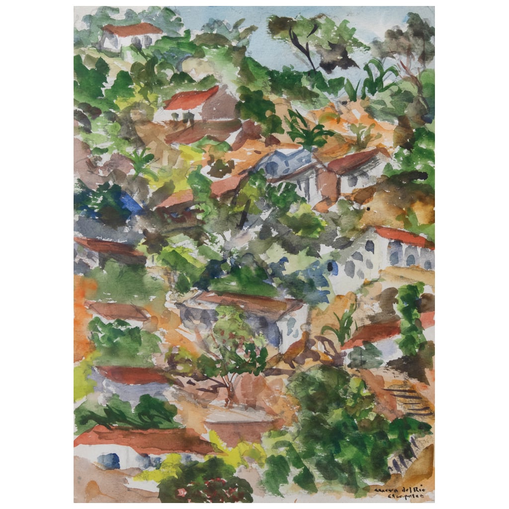 ROBERTO CUEVA DEL R?O. Sin título. Firmada y referenciada Acapulco. Acuarela sobre papel. 31 x: ROBERTO CUEVA DEL R?O(Puebla, 1908 - Ciudad de México, 1988) Sin título Firmada y referenciada AcapulcoAcuarela sobre papelCon dedicatoria firmada y fechada Acapulco, marzo de 1952.Presenta mínimos