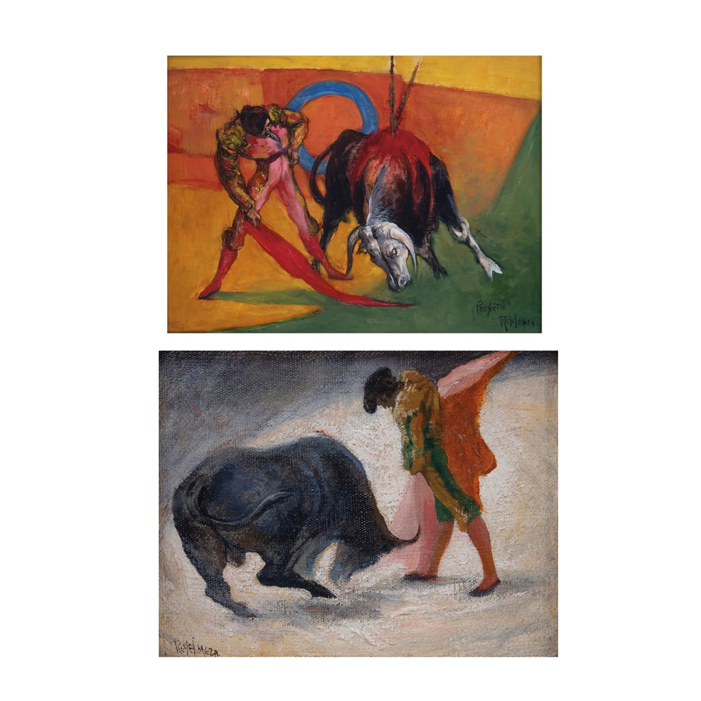 JOSÉ REYES MEZA. A) Sin título. Firmado. Óleo s/masonite. 15.75x20cm. B) Derechazo. Firmado.: JOSÉ REYES MEZA(Tamaulipas, 1924 - Ciudad de México, 2011) A) Sin títuloFirmado Óleo sobre masonite15.75 x 20 cmB) Derechazo (Proyecto)FirmadoÓleo sobre madera30.5 x 40.5 cm Piezas: 2Procedencia: