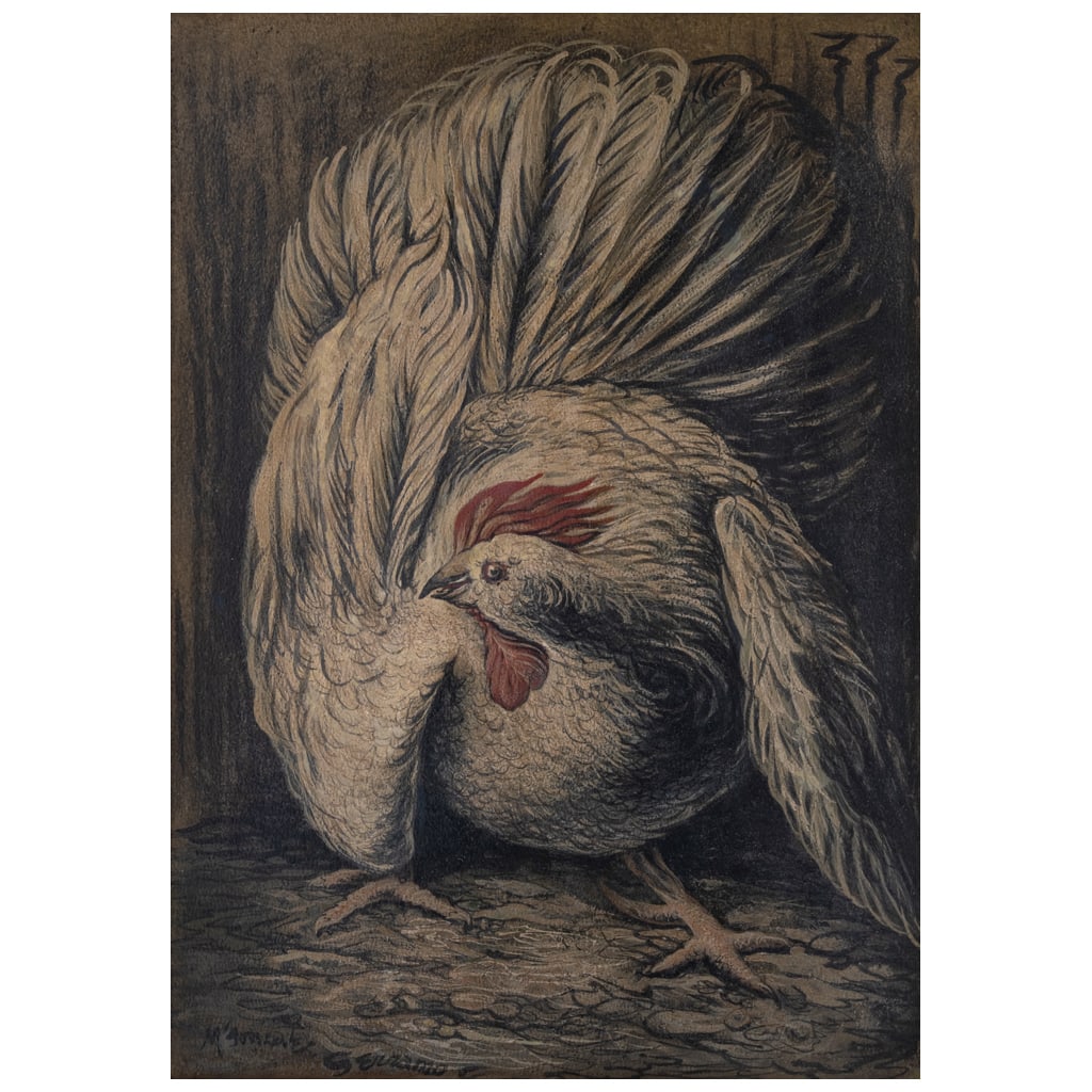 MANUEL GONZ?LEZ SERRANO. El gallo, ca. 1948. Firmado. Óleo sobre cartoncillo. 48 x 34.5 cm. Con: MANUEL GONZ?LEZ SERRANO(Jalisco, 1917 - Ciudad de México, 1960) El gallo, ca. 1948 FirmadoÓleo sobre cartoncilloCon opinión técnica de atribución, firmada digitalmente por María Helena González