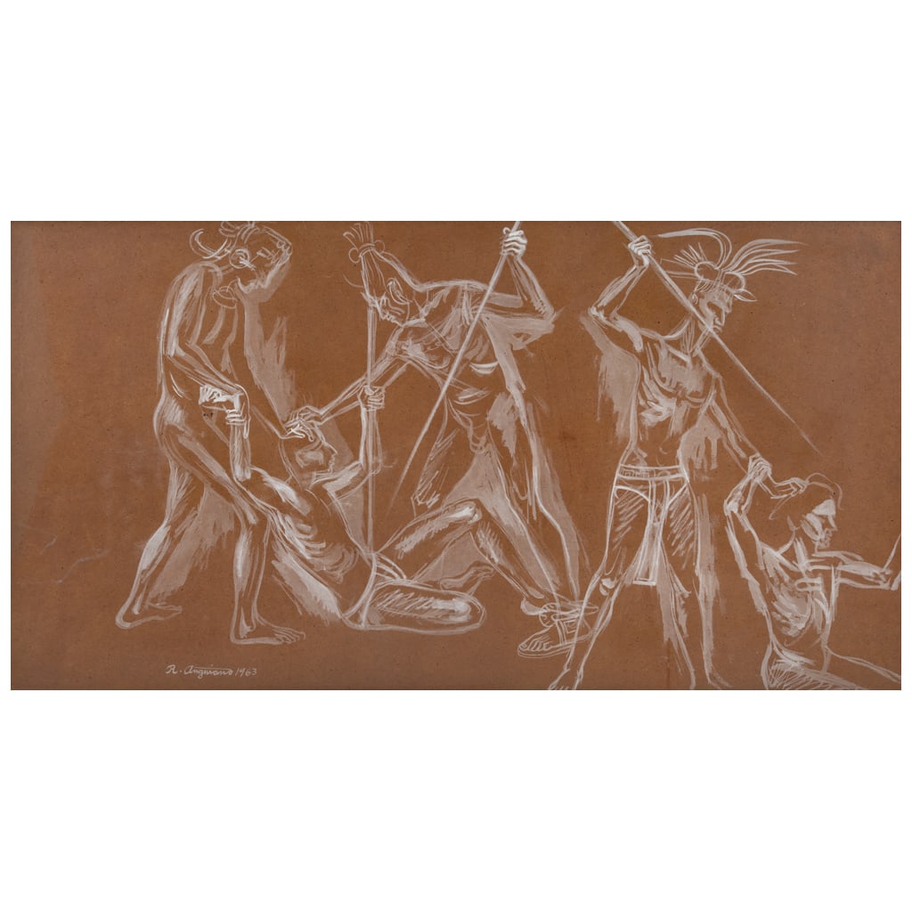 RAÚL ANGUIANO. Guerreros mayas. Firmado y fechado 1963 al frente. Firmado y fechado 1964 al: RAÚL ANGUIANO(Jalisco, 1915 - Ciudad de México, 2006) Guerreros mayas Firmado y fechado 1963 al frente. Firmado y fechado 1964 al reversoÓleo sobre masonite63 x 120.5 cm