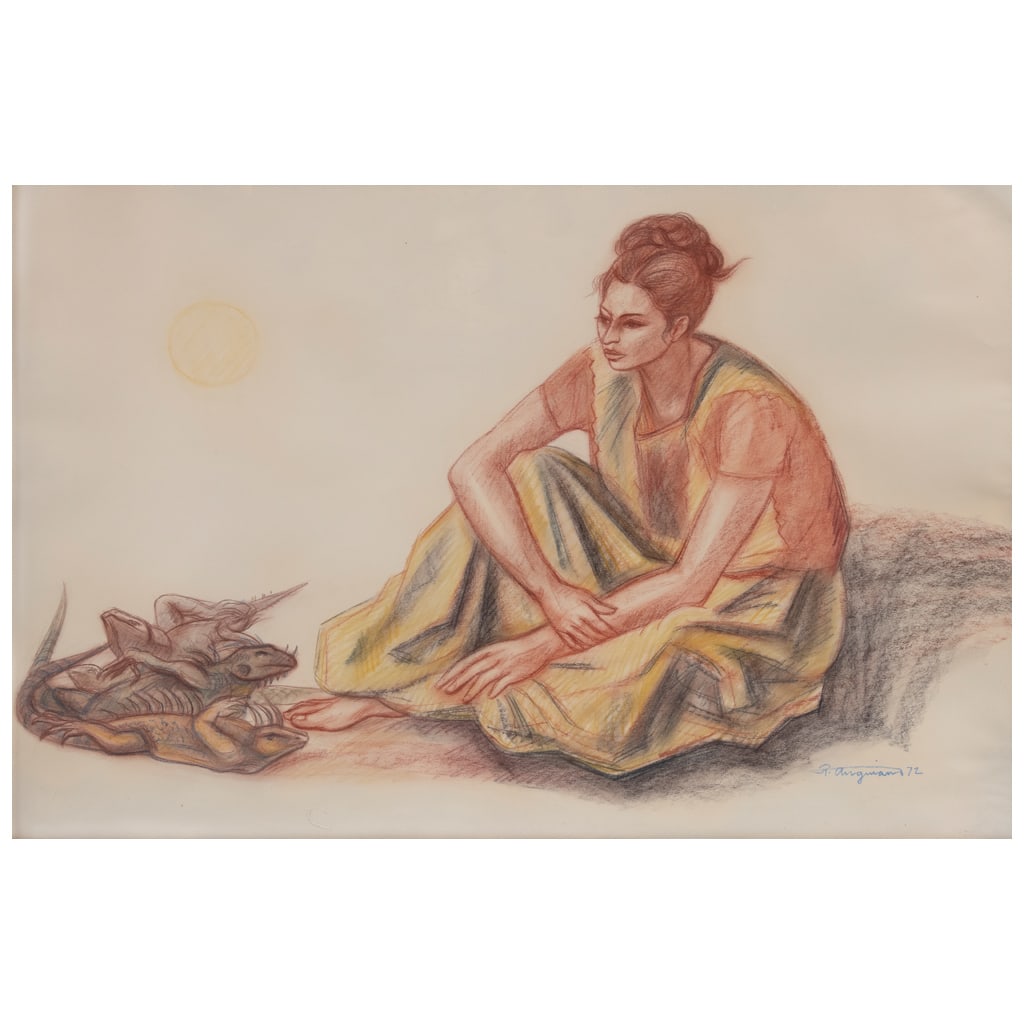 RAÚL ANGUIANO. Vendedora de iguanas. Firmada y fechada 72. Sanguina, carboncillo y pastel sobre (1 of 1)