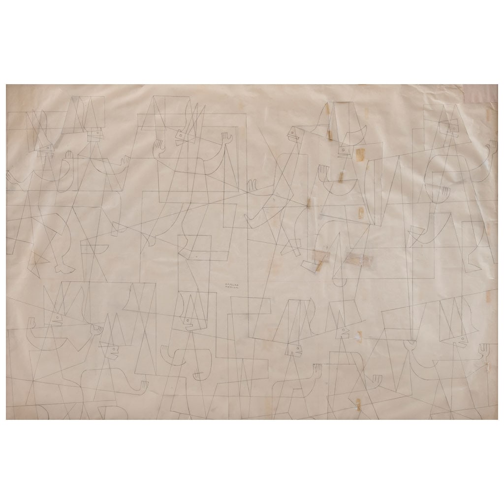 CARLOS MÉRIDA. Proyecto del mural Guatemala, ca. 1956. Firmado. Lápiz de grafito sobre papel. 56.5: CARLOS MÉRIDA(Guatemala, 1891 - Ciudad de México, 1984) Proyecto del mural Guatemala, ca. 1956 FirmadoLápiz de grafito sobre papelCon constancia de opinión de Galería de Arte Mexicano, julio de 2
