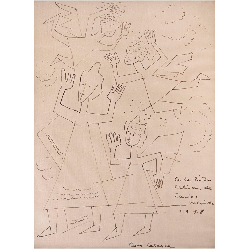 CARLOS MÉRIDA. Coro celeste. Sin firma. Tinta sobre papel. 26.7 x 19.6 cm: CARLOS MÉRIDA(Guatemala, 1891 - Ciudad de México, 1984) Coro celeste Sin firmaTinta sobre papelCon dedicatoria firmada y fechada 1948.Procedencia: adquirida directamente al artista.26.7 x 19.6 cm