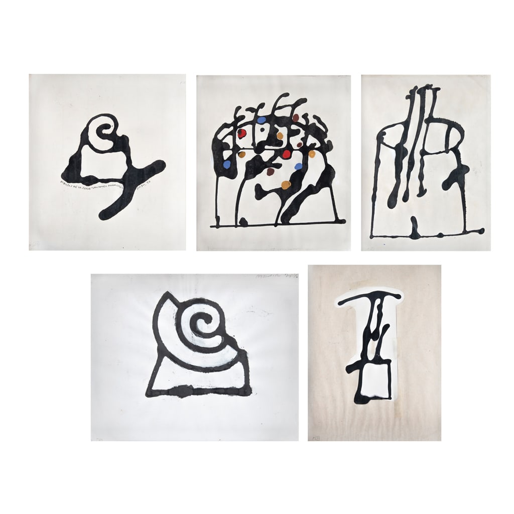 VICENTE ROJO. Maquetas para Periolibros. A)Firmada y fechada 97. B,C,D,E) Sin firma. Tinta y: VICENTE ROJO(España, 1932 - Ciudad de México, 2021) Maquetas para Periolibros A) Dibujos de la serie "Volcanes para Luis”Firmada y fechada 97B, C, D, E) Sin títuloSin firma Tinta y acrílico 