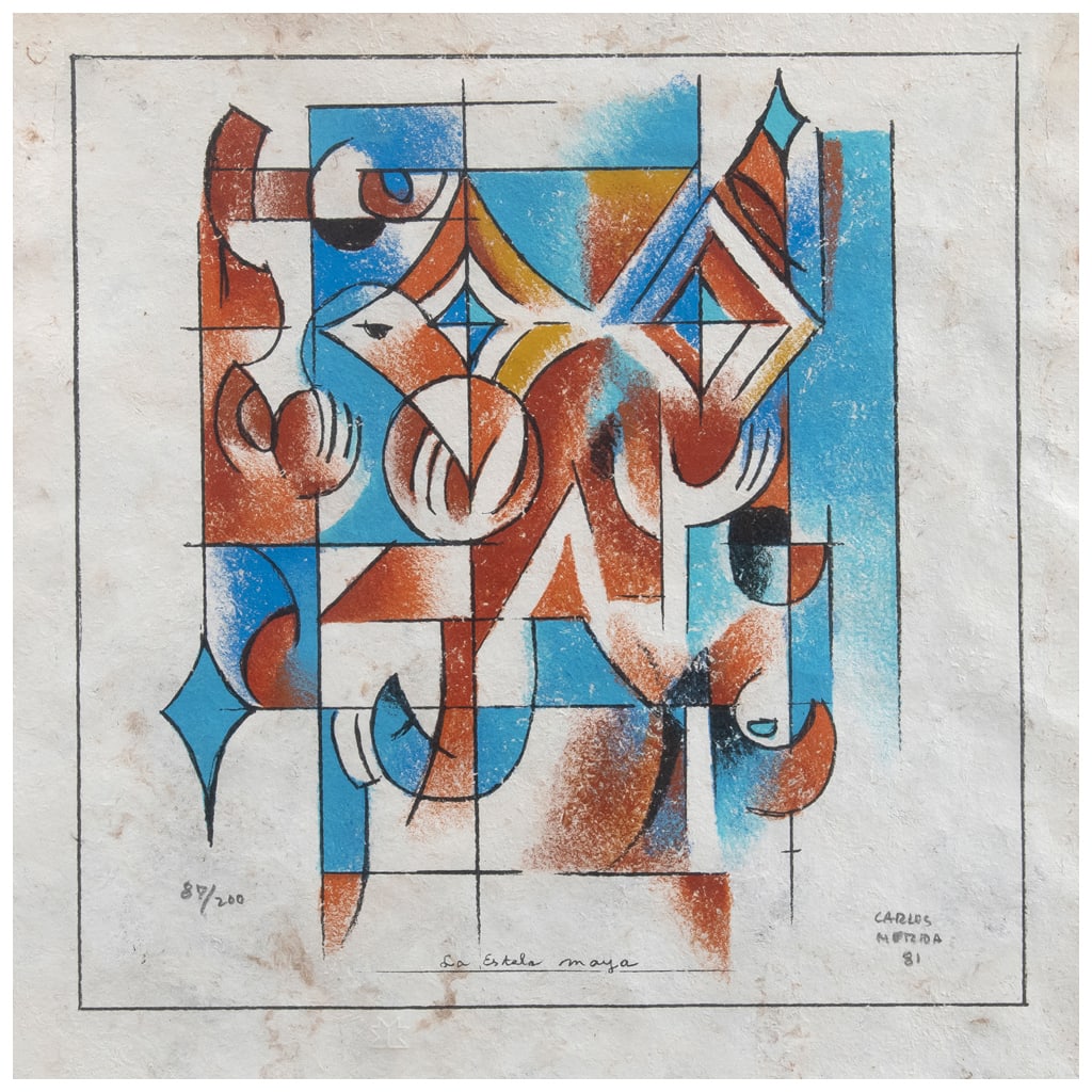 CARLOS MÉRIDA. La estela maya. Firmada y fechada 81. Serigrafía sobre papel amate 87 / 200.: CARLOS MÉRIDA(Guatemala, 1891 - Ciudad de México, 1984) La estela maya Firmada y fechada 81Serigrafía sobre papel amate 87 / 200Con sello de agua de Ediciones Multiarte, Taller Enrique Cattaneo. Im