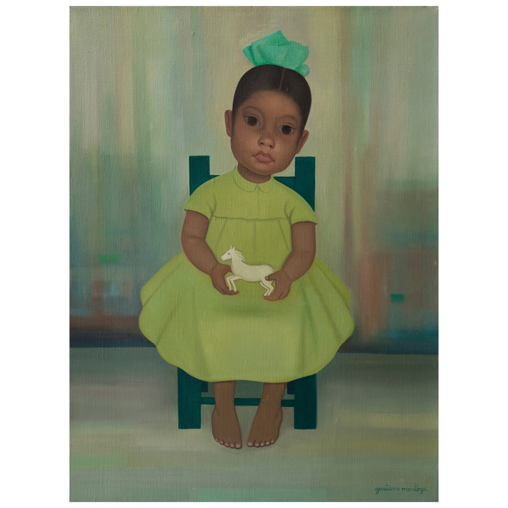 GUSTAVO MONTOYA. Niña con caballito, de la serie Niños Mexicanos. Firmado al frente, firmado y: GUSTAVO MONTOYA(Ciudad de México, 1905 - Ciudad de México, 2003) Niña con caballito, de la serie Niños Mexicanos Firmado al frente. Firmado y fechado Marzo 1968 al reversoÓleo sobre telaProcedenc