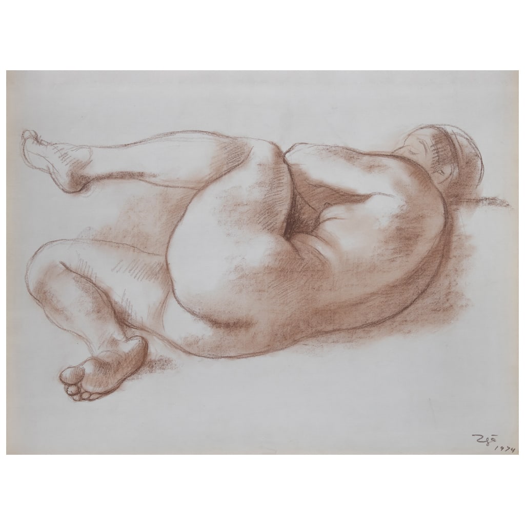 FRANCISCO ZÚÑIGA. Desnudo con la pierna levantada. Firmado y fechado 1974. Conté sobre papel.: FRANCISCO ZÚÑIGA(Costa Rica, 1912 - Ciudad de México, 1998) Desnudo con la pierna levantada Firmado y fechado 1974Conté sobre papelAgradecemos al Sr. Ariel Zúñiga por la verificación de autenti