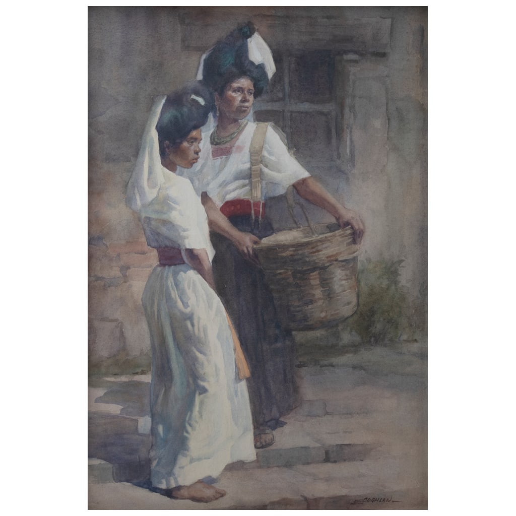 EDGARDO COGHLAN. Las cozaltecas. Firmada. Acuarela sobre papel. 68 x 48 cm (1 of 1)
