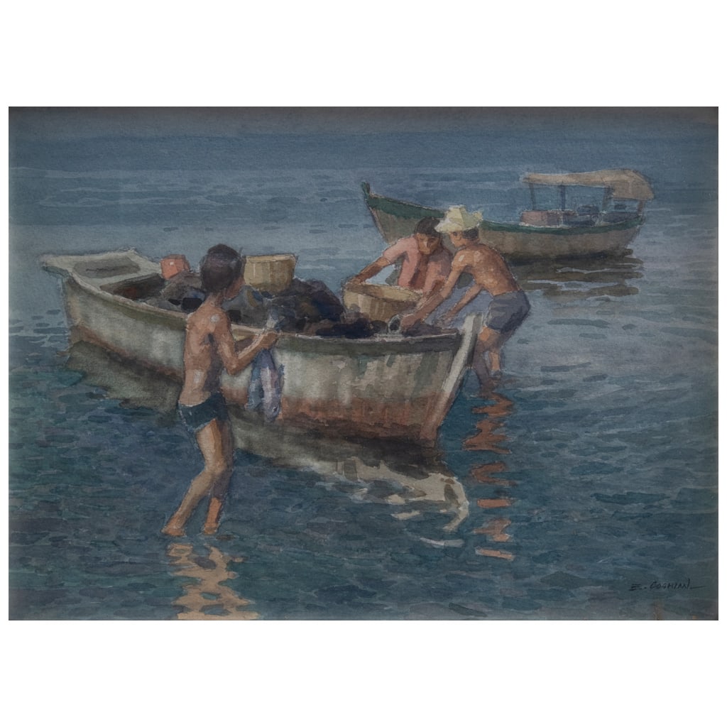 EDGARDO COGHLAN. Pequeños pescadores. Firmada al frente. Fechada 81 al reverso. Acuarela sobre: EDGARDO COGHLAN(Sinaloa, 1928 - Estado de México, 1995) Pequeños pescadores Firmada al frente. Fechada 81 al reversoAcuarela sobre papel37 x 26 cm