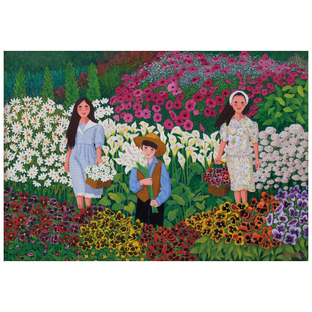 TRINIDAD OSORIO. Recogiendo flores, 1999. Firmado Acrílico sobre tela. 70 x 100 cm. Con certificado (1 of 1)