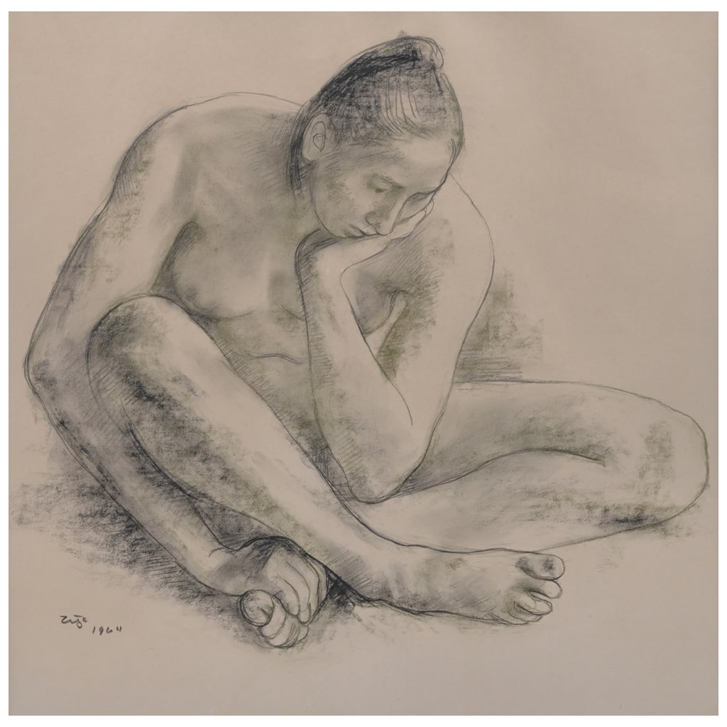 FRANCISCO ZÚÑIGA. Desnudo con mano en el mentón. Firmado y fechado 1964. Conté sobre papel. 50 x (1 of 1)