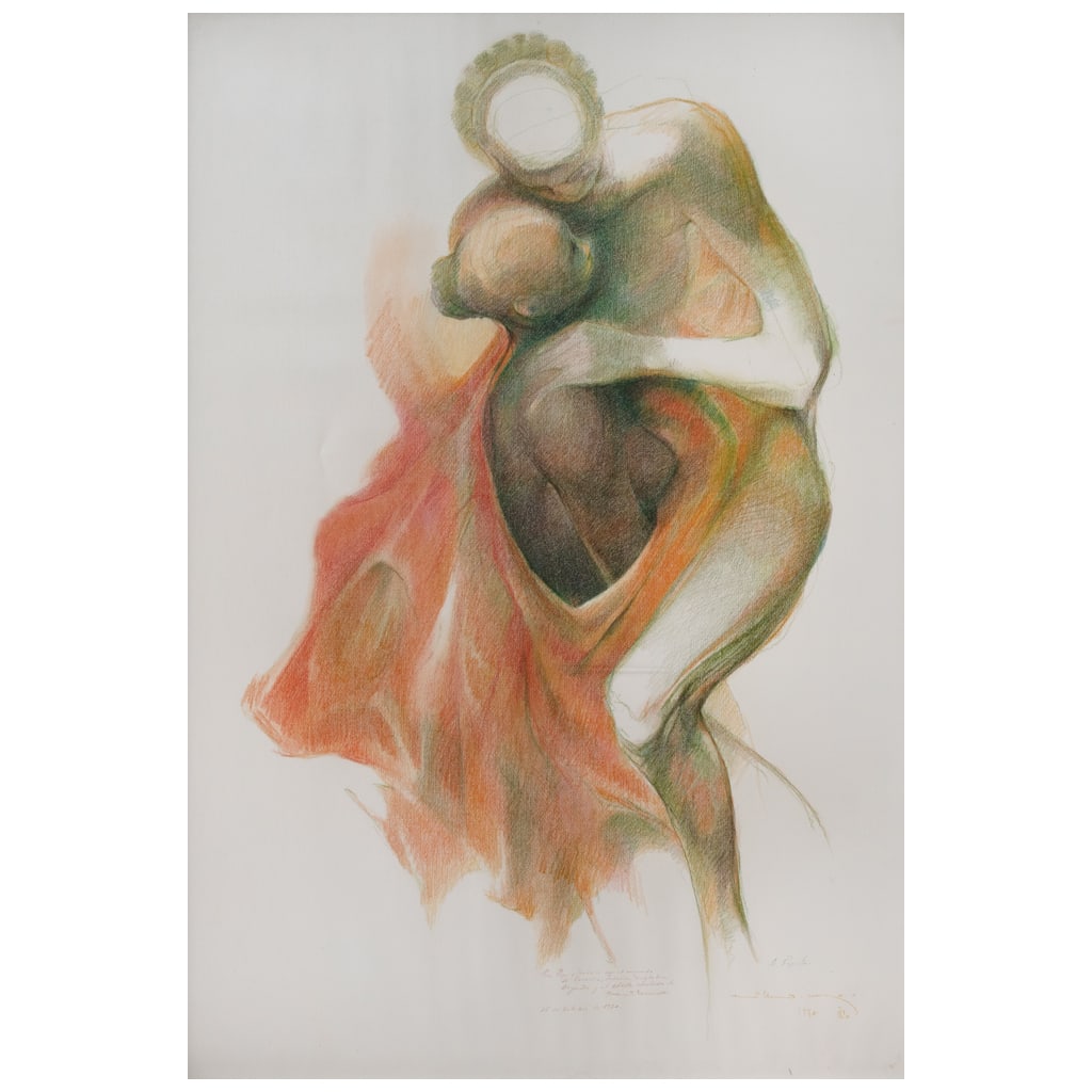 GUILLERMO MEZA. Sus brasas de fuego, fuerte llama. Firmado y fechado 1974. Lápices de color sobre (1 of 1)