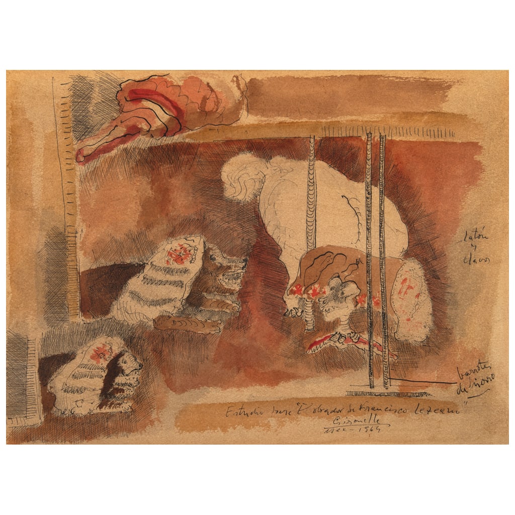 ALBERTO GIRONELLA. Estudio para El obrador de Francisco Lezcano. Firmada y fechada Mex-1964.: ALBERTO GIRONELLA(Ciudad de México, 1929 - Ciudad de México, 1999) Estudio para El obrador de Francisco Lezcano Firmada y fechada Mex - 1964Acuarela y tinta sobre papelEsta obra fue uno de los estud