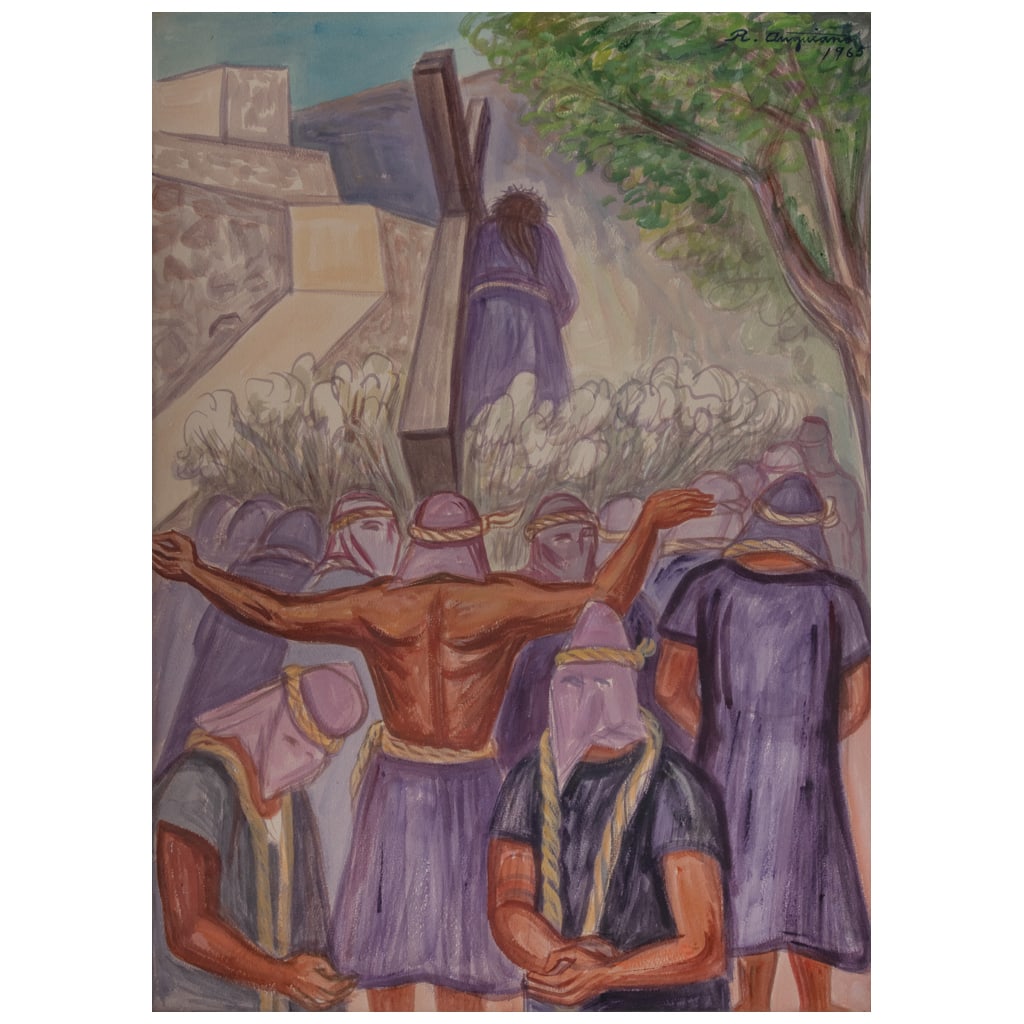 RAÚL ANGUIANO. Procesión en Mineral de Cata, Guanajuato. Firmada y fechada 1965 Témpera sobre (1 of 1)