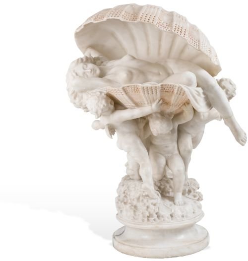 UMBERTO STIACCINI (ITALIA, XIX-XX). NACIMIENTO DE: UMBERTO STIACCINI (ITALIA, XIX-XX). NACIMIENTO DE VENUS. Lámpara, elaborada en mármol blanco. Firmada y referida Florence". 59 cm alt."