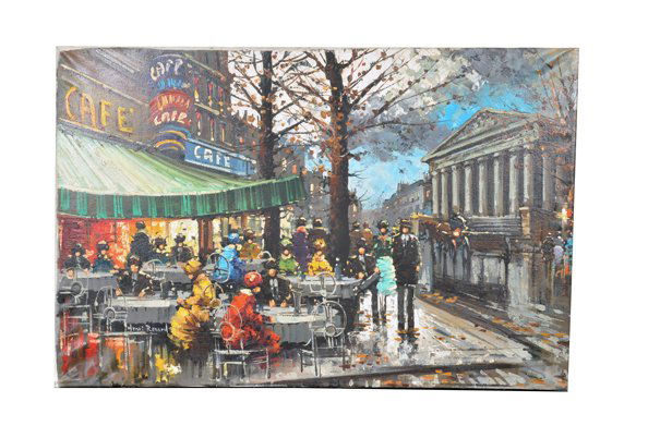 Henri Renard. Escena de café parisino. Óleo sobre tela.: Henri Renard. Escena de café parisino. Óleo sobre tela. Sin enmarcar. Firmado.