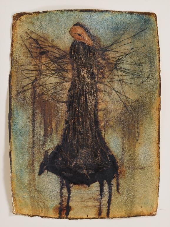 GUILLERMO OLGUÍN, De la serie Vírgenes y Santos,: GUILLERMO OLGUÍN, De la serie Vírgenes y Santos, Firmada y fechada july París 2003. Mixta sobre papel hecho a mano, 76 x 56.5 cm