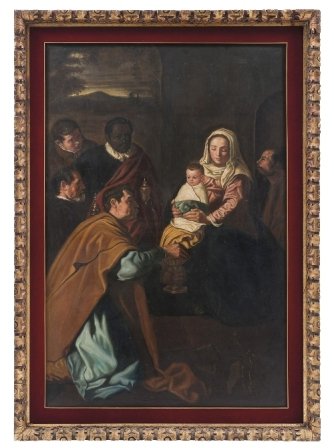 ADORACIÃ“N DE LOS MAGOS ESPAÃ‘A, SIGLO XX. Copia de: ADORACIÃ“N DE LOS MAGOS ESPAÃ‘A, SIGLO XX. Copia de un original de Diego VelÃ¡zquez. Ã“leo sobre tela. Detalles de conservaci...