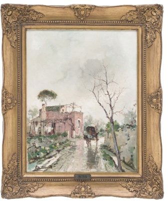 PAISAJE ESCUELA ITALIANA, SIGLO XX. Ã“leo sobre tela.: PAISAJE ESCUELA ITALIANA, SIGLO XX. Ã“leo sobre tela. Firmado Antonini . Detalles conservaciÃ³n. Dimensiones 49 x 39 cm.