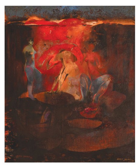 NUNIK SAURET, Recorriendo las capas, Firmado y fechado: NUNIK SAURET, Recorriendo las capas, Firmado y fechado 95. Ã“leo sobre tela, 120 x 100 cm