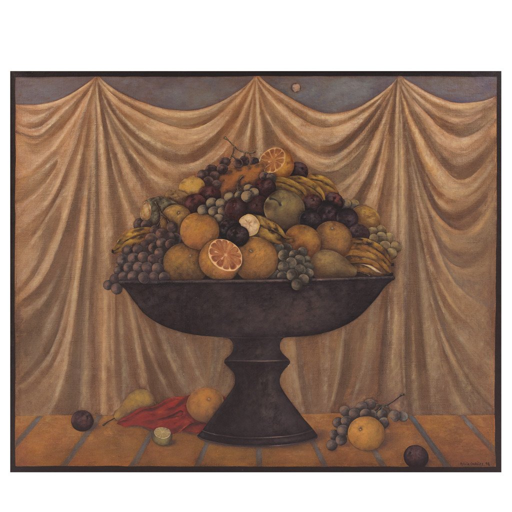 SYLVIA ORDÓÑEZ. Frutero verde con luna. Signed and: SYLVIA ORDÓÑEZ. Frutero verde con luna. Signed and dated 98. Oil on canvas. 51.1 by 62.9 in. 130 by 160 cm (b. Monterrey, Nuevo León, 1956 - )