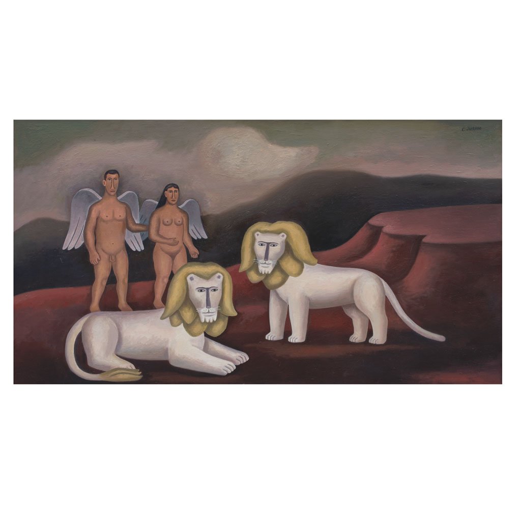 CARLOS JURADO. Leones y angelitos. Signed. Oil on: CARLOS JURADO. Leones y angelitos. Signed. Oil on canvas. 23.6 by 43.3 in. 60 by 110 cm (b. San CristÃ³bal de las Casas, Chiapas, 1927 - )
