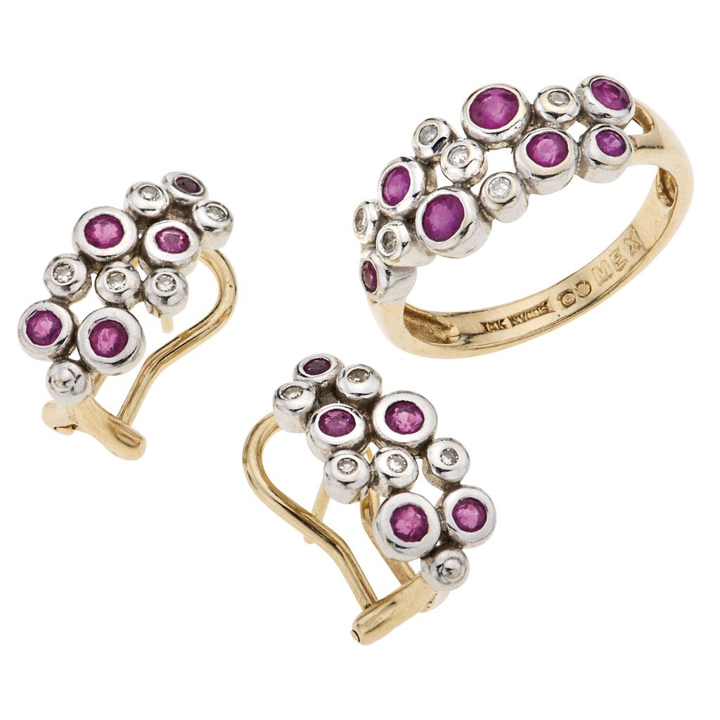JUEGO DE ANILLO Y PAR DE ARETES CON RUBÃES Y DIAMANTES (1 of 1)