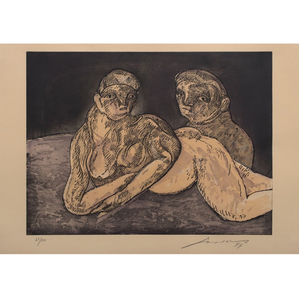 JOSÃ‰ LUIS CUEVAS, Autorretrato con la giganta, Firmado: JOSÃ‰ LUIS CUEVAS, Autorretrato con la giganta, Firmado y fechado 97, Grabado 62 / 100, 44 x 59.5 cm
