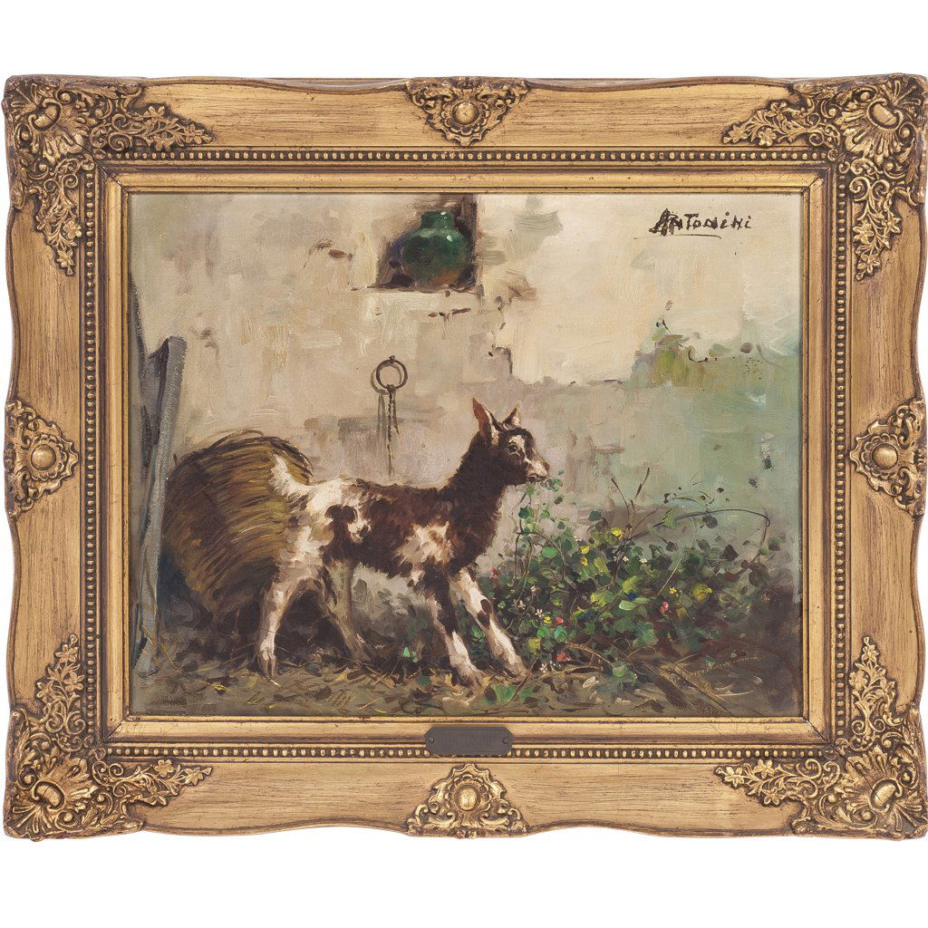 ESCUELA ITALIANA SIGLO XX. CABRA EN ESTABLO. leo: ESCUELA ITALIANA SIGLO XX. CABRA EN ESTABLO. leo sobre tela. Firmado Antonini. Detalles de conservacin.