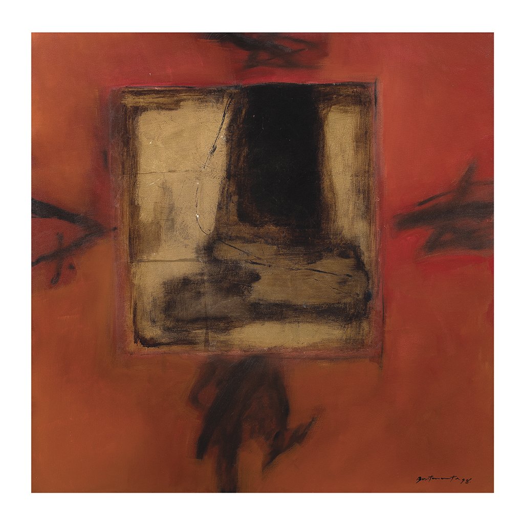 JOSÉ LUIS BUSTAMANTE, Templo rojo, de la serie: JOSÉ LUIS BUSTAMANTE, Templo rojo, de la serie Retablos contemporáneos, Firmado y fechado 98, Óleo y hoja de oro sobre tela, 80 x 80 cm