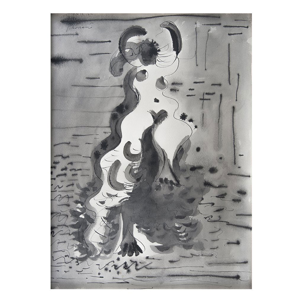 JUAN SORIANO, Sin tÃ­tulo, Firmada y fechada agosto 55,: JUAN SORIANO, Sin tÃ­tulo, Firmada y fechada agosto 55, Tinta sobre papel, 51 x 37 cm