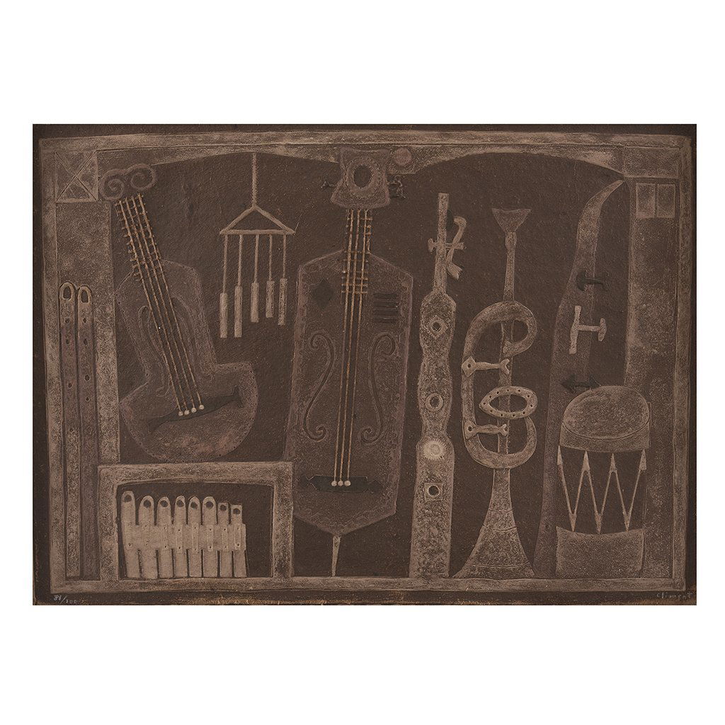 ENRIQUE CLIMENT, Instrumentos, 1978, Firmada,: ENRIQUE CLIMENT, Instrumentos, 1978, Firmada, MixografÃ­a 81 / 100, 52 x 72 cm