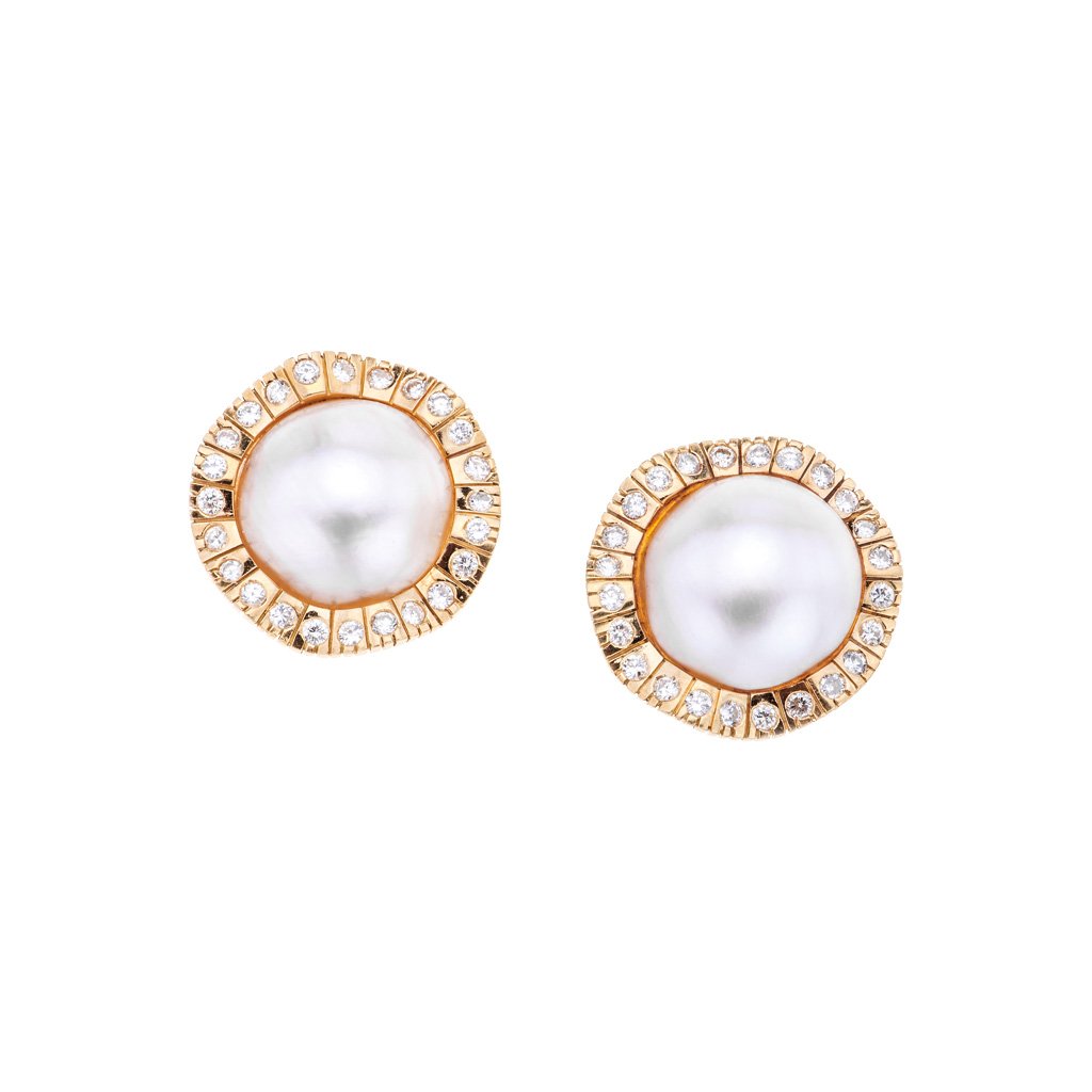 ARETES CON MEDIAS PERLAS Y DIAMANTES EN ORO AMARILLO DE (1 of 1)