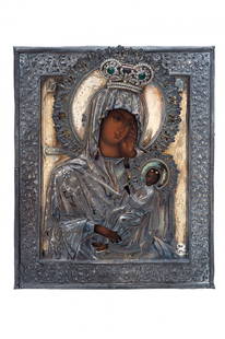 ICON. RUSSIA, second half of the 19th century. OUR LADY: ICON. RUSSIA, second half of the 19th century. OUR LADY OF PERPETUAL HELP. Silver (0.875) frame. Oil on wood. 31.5 x 27 cm