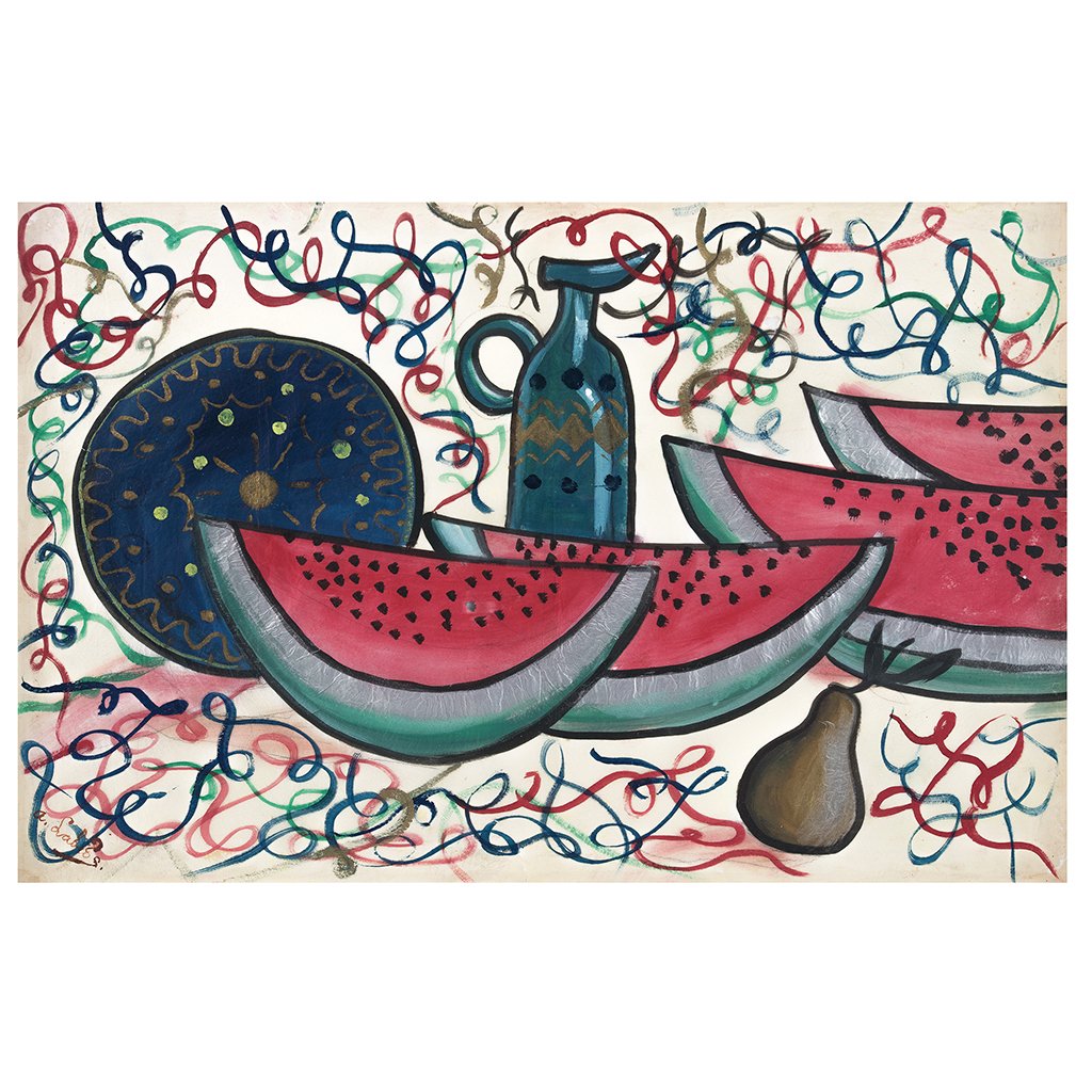 AGAPITO LABIOS, Naturaleza muerta con sandias, 1960,: AGAPITO LABIOS, Naturaleza muerta con sandias, 1960, Signed, Tempera and gold and silver pigments on silk paper, 49 x 75 cm / 19.2 x 29.5 inches