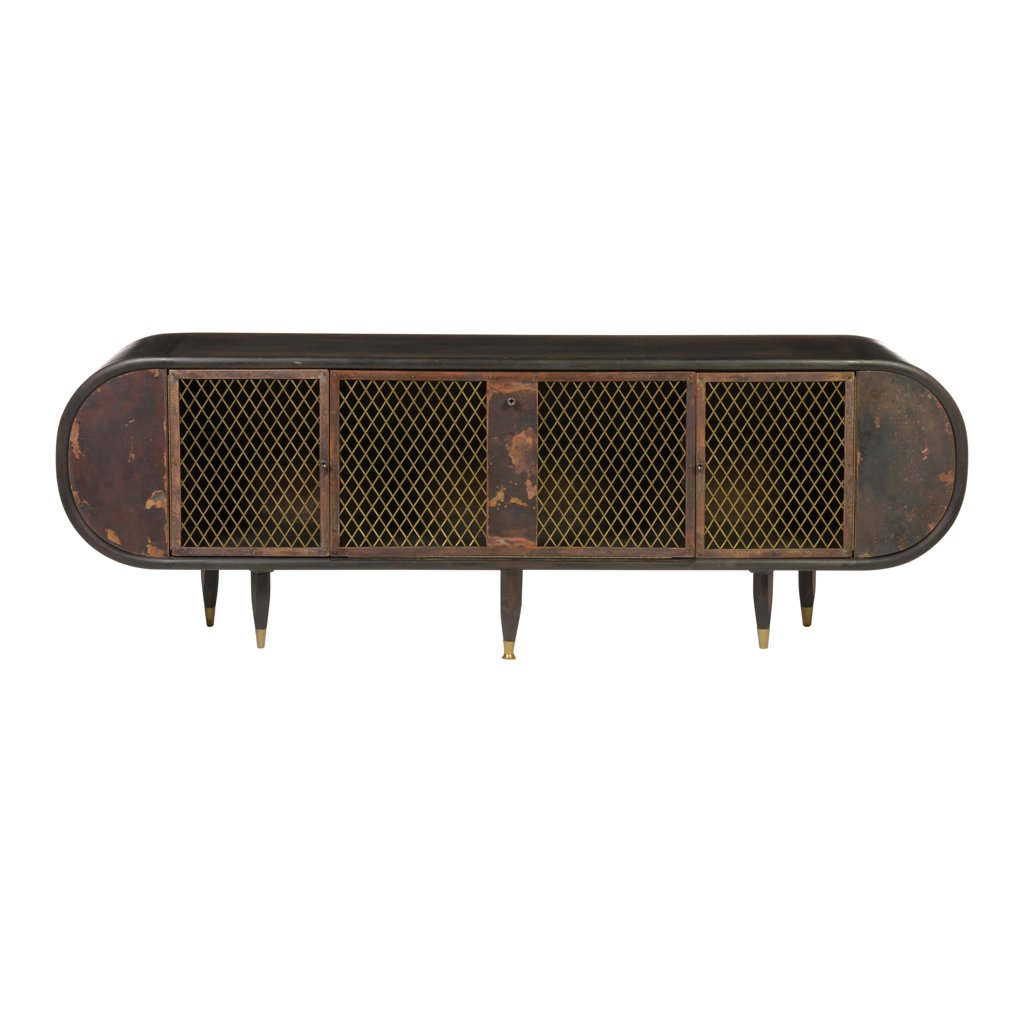 Oval brown wood and coppered metal credenza. 1970 s.: Oval brown wood and coppered metal credenza. 1970 s.