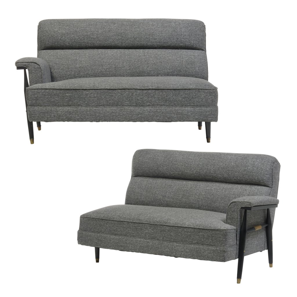 Pair of lacquered wood and grey fabric upholstery: Pair of lacquered wood and grey fabric upholstery 2-seat sofas.