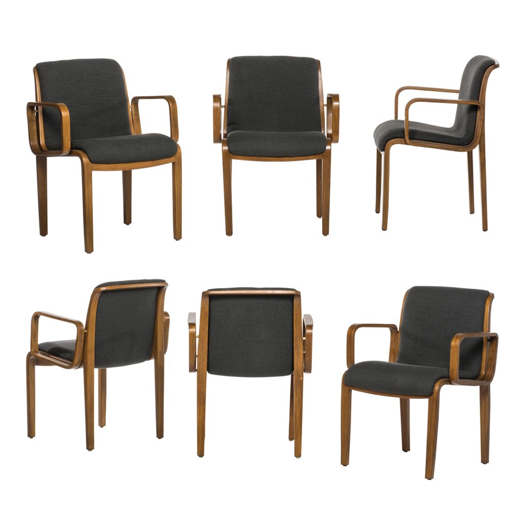 Bill Stephens for Knoll. 1970 s. Set of 6 oak and grey: Bill Stephens for Knoll. 1970 s. Set of 6 oak and grey fabric upholstery armchairs.