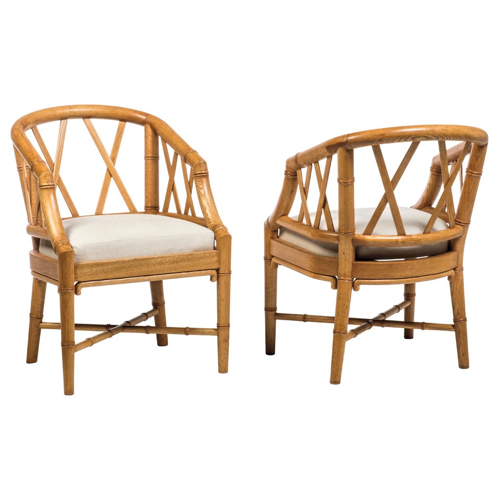 Pair of oak and gray fabric upholstery faux bamboo (1 of 1)