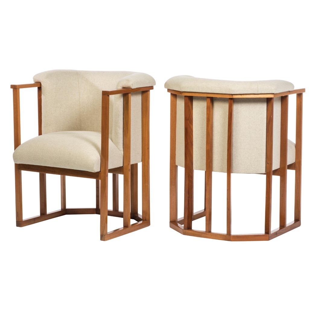 Pair of oak and beige cloth upholstery armchairs. (1 of 1)