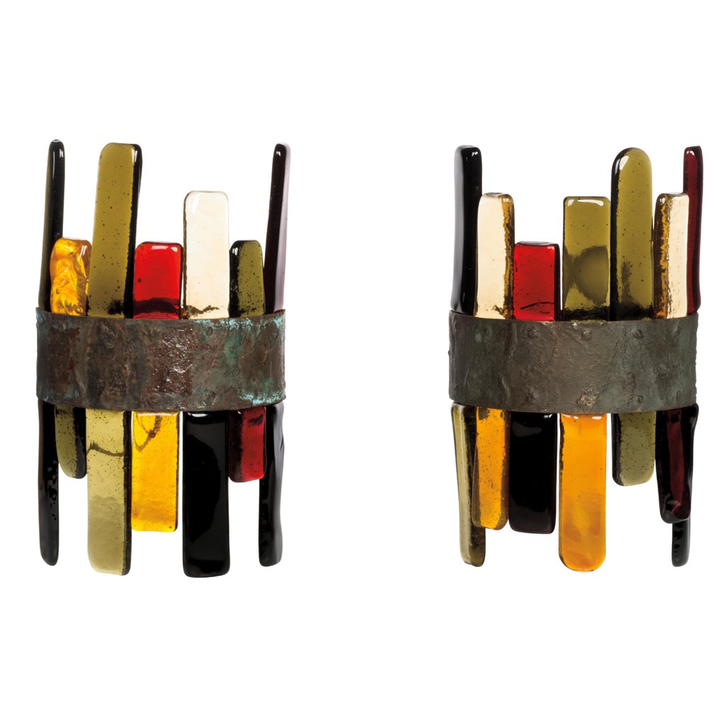 Feders. Mexico. 1970 s. Pair of Brutalist style coppery: Feders. Mexico. 1970 s. Pair of Brutalist style coppery iron and glass wall lamps. For 2 light bulbs.