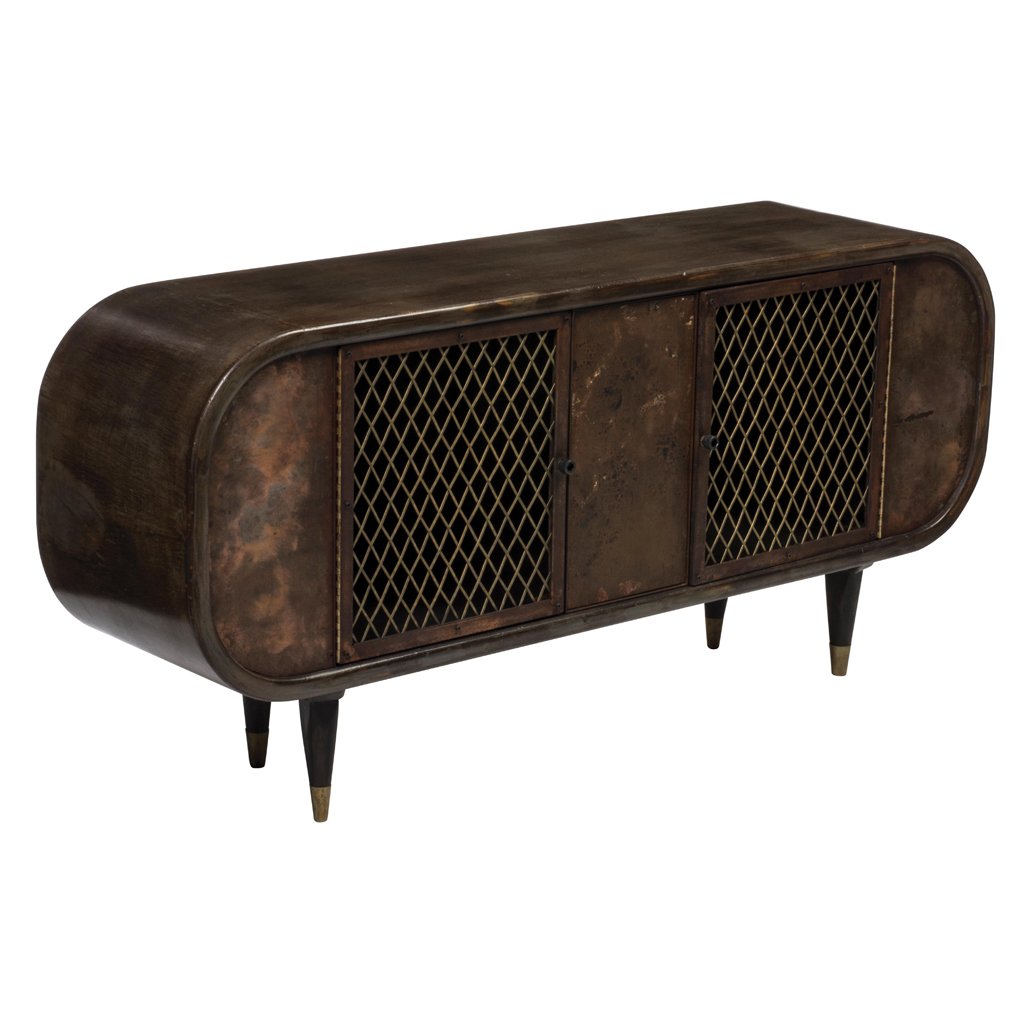 Brown wood and coppery metal oval credenza with 2: Brown wood and coppery metal oval credenza with 2 doors. 1970 s.