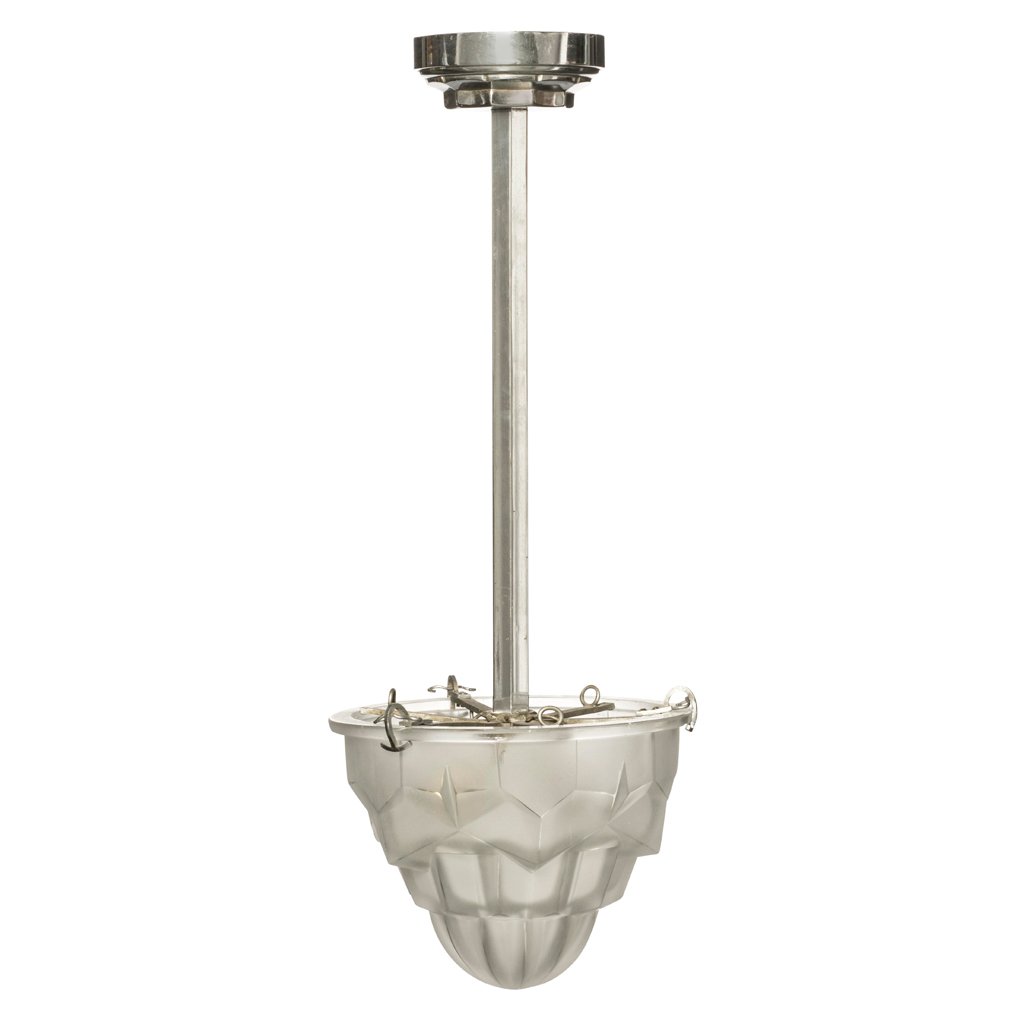 David Gueron Degue. 1930 s. Deco style chromed metal: David Gueron Degue. 1930 s. Deco style chromed metal and opaque glass roof lamp. For 3 light bulbs.