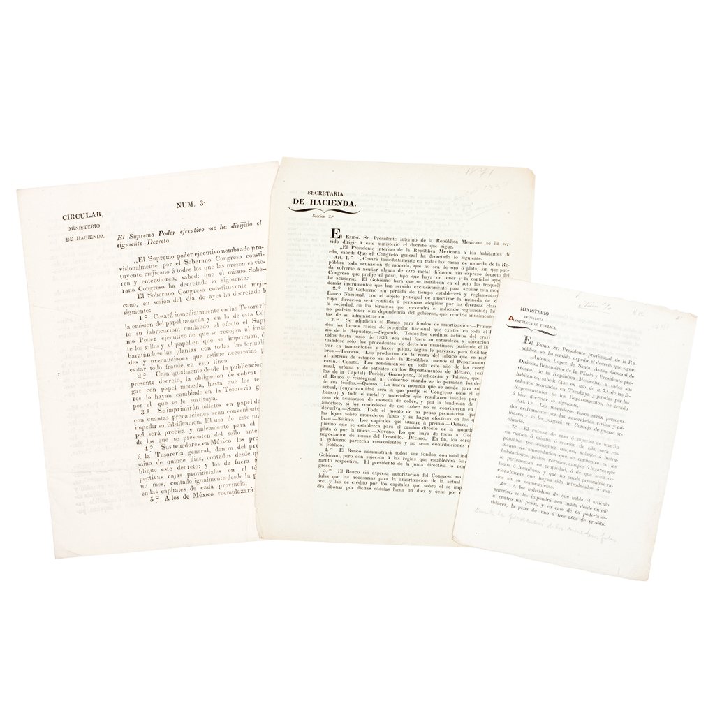 Cervantes, J. M / Castillo / Garcia Illueca, Jose: Cervantes, J. M / Castillo / Garcia Illueca, Jose Ignacio. Decretos sobre Cese de Emision de Moneda. Mexico, 1823/1837/1841 Pieces: 3.