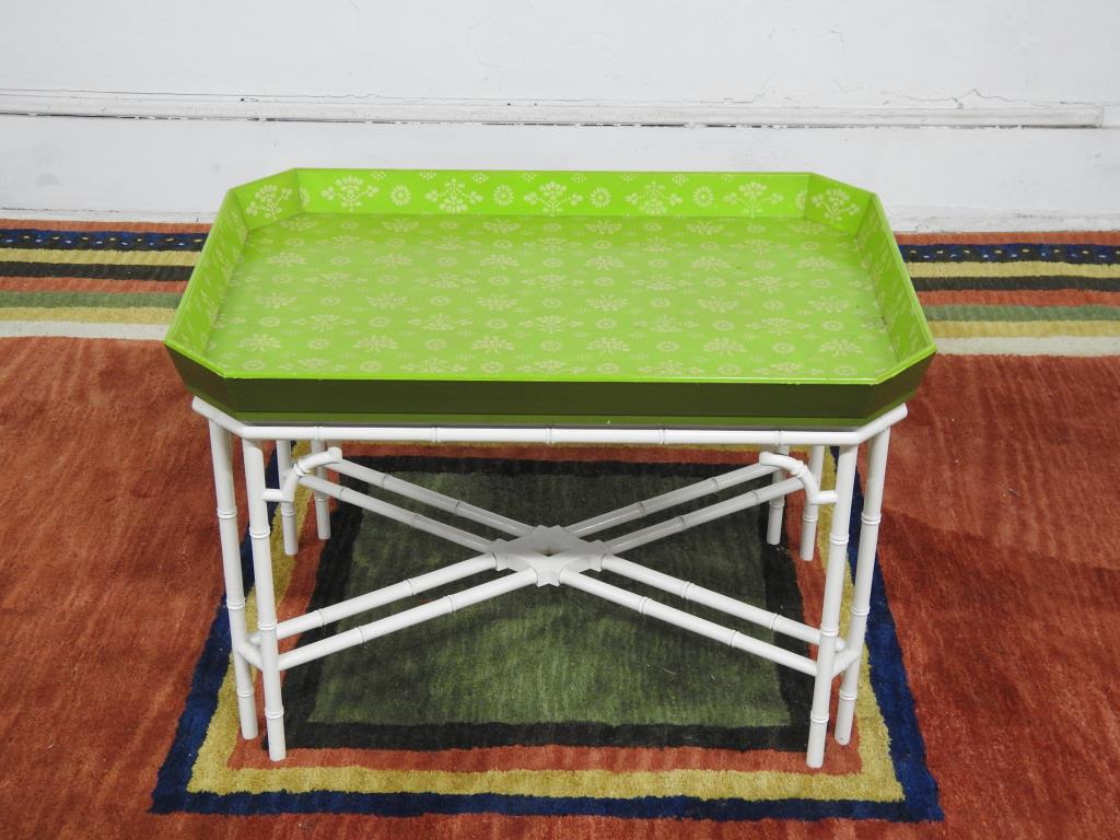 Modern Faux Bamboo Tray Table: White faux bamboo base with a lime green attached tray top having decoration. In good condition. 21 1/2"H X 32 1/4"W X 22 1/4"D.
