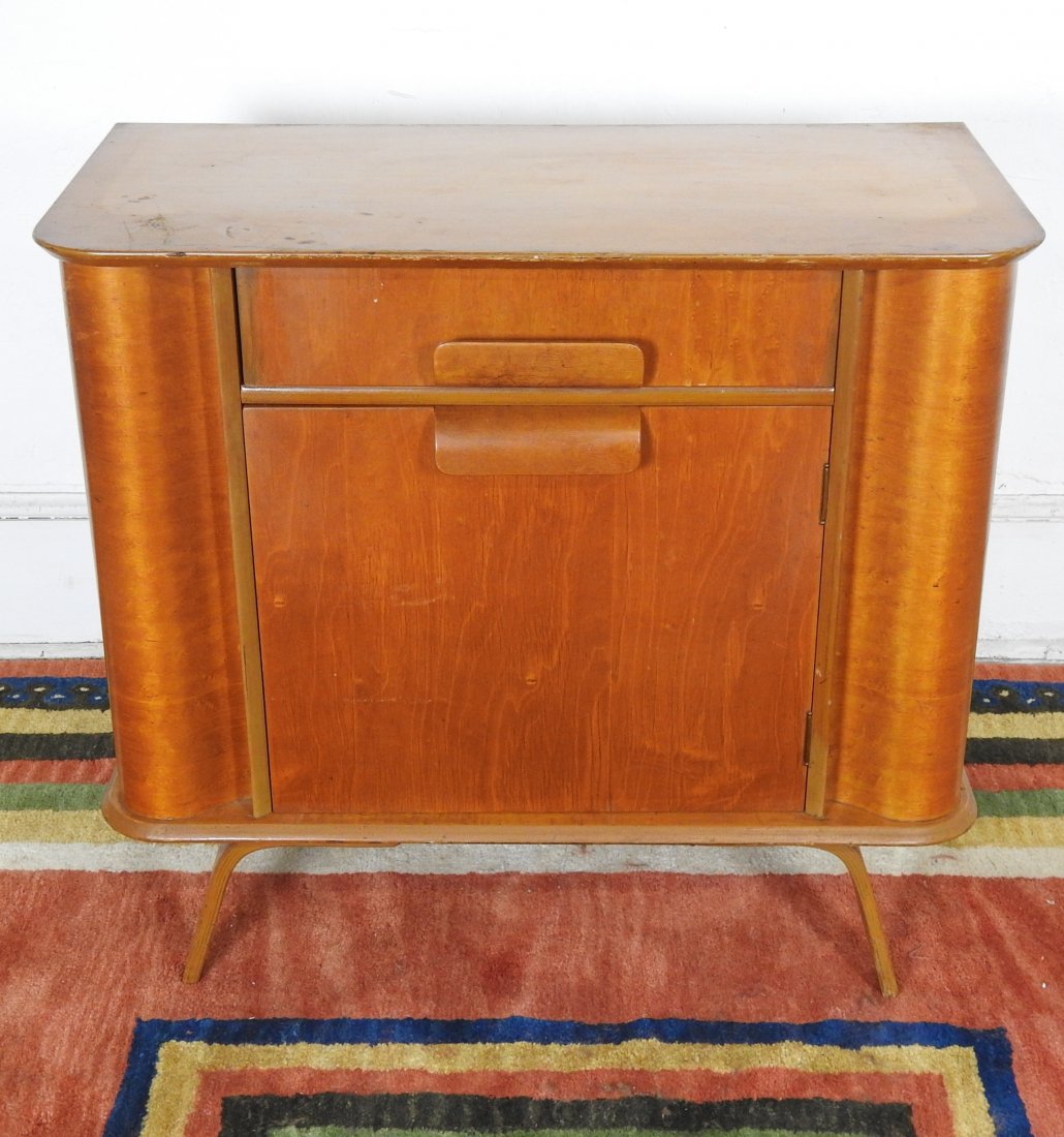 Alvar Aalto Attributed Cabinet: Maple veneer cabinet with one drawer and one door. Veneer repairs and marks on the top. 32 1/2"H X 36"W X 18"D.