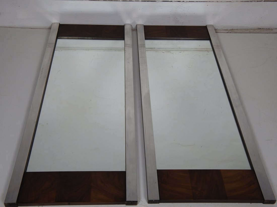 Pr. Milo Baughman Style Mirrors: Walnut veneer with chrome accent trim. Minor surface wear on chrome, otherwise in good condition. 48 1/4"H X 18 3/4"W X 1"D.