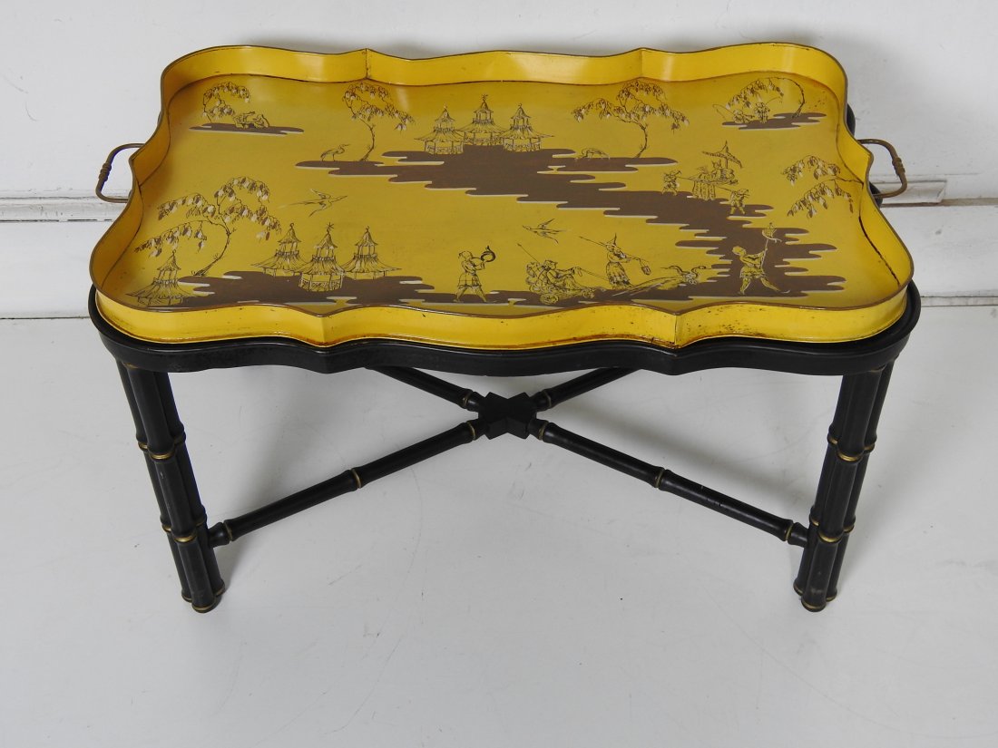 Chinoiserie Tole Tray on Faux Bamboo Stand: Chinoiserie Tole Tray on Faux Bamboo Stand. In good condition. 20 1/4\"H X 37 1/2\"W X 23 1/2\"D.